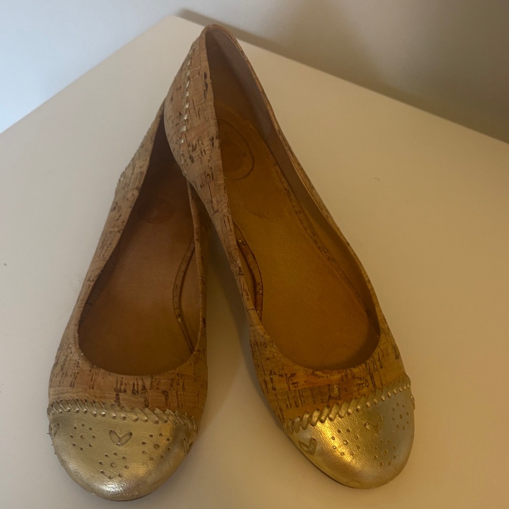 Jack Rogers Delfino Ballet Flats Women's Cork Gold Leather CapToe; Sz: *8.5 - 9